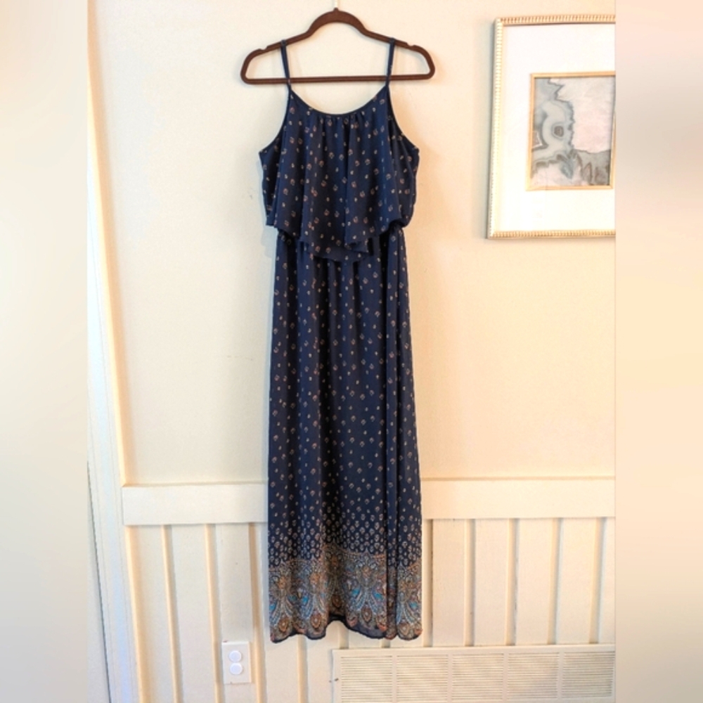 Xhilaration Navy and Gold Patterned Maxi Dress, Sz. Large
